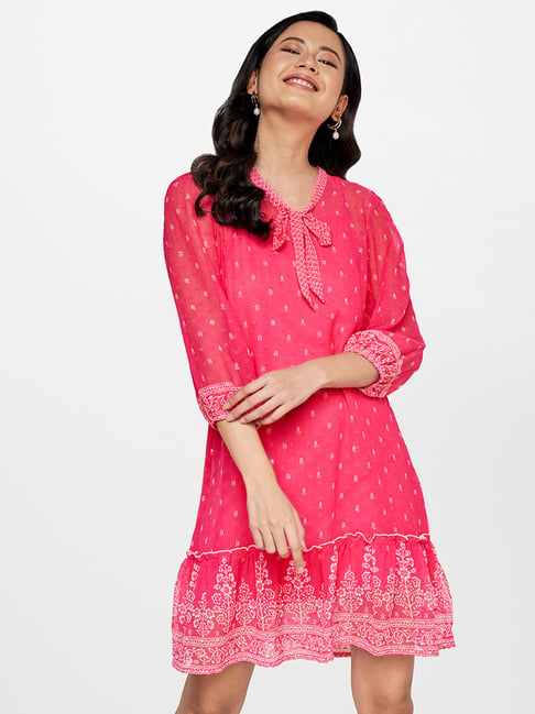 Global Desi Pink Printed A Line Dress Price in India