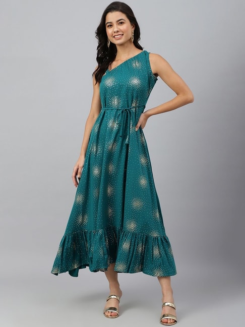 Janasya Teal Green Printed A-Line Dress Price in India