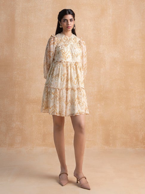 Femella Beige Printed A Line Dress Price in India
