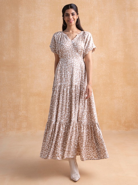 Femella Beige & White Printed Gown Price in India