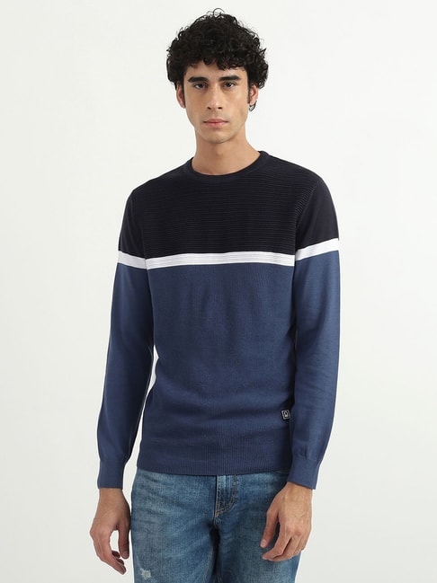 United Colors Of Benetton Blue & Black Cotton Regular Fit Color-Block Sweater