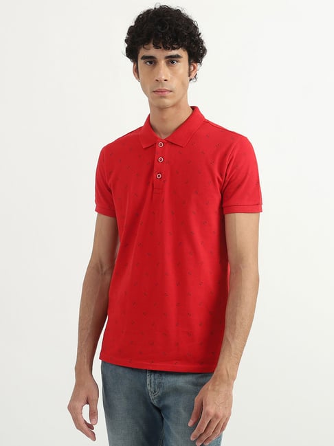 United Colors Of Benetton Red Cotton Regular Fit Printed Polo T-Shirt