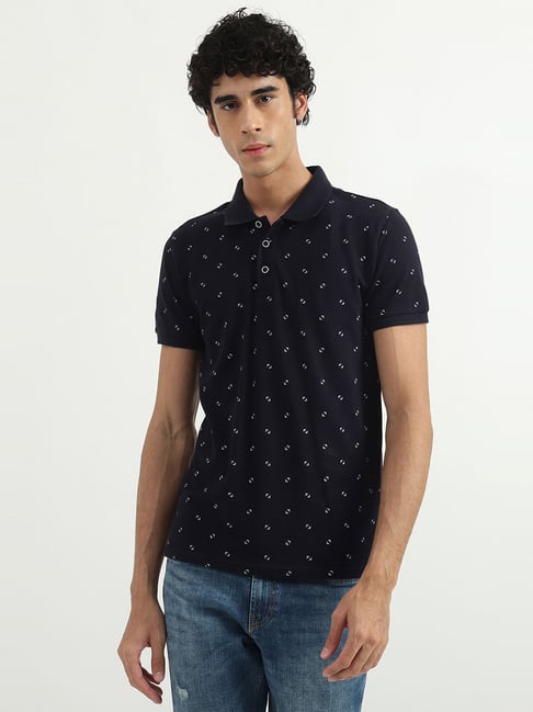 United Colors Of Benetton Black Cotton Regular Fit Printed Polo T-Shirt