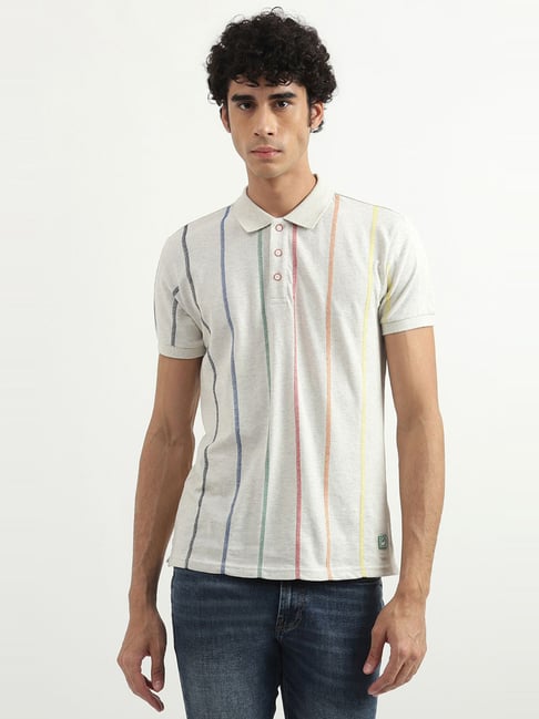 United Colors Of Benetton Grey Cotton Regular Fit Striped Polo T-Shirt