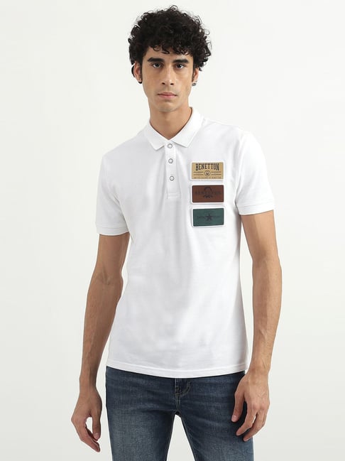 United Colors Of Benetton White Cotton Regular Fit Printed Polo T-Shirt