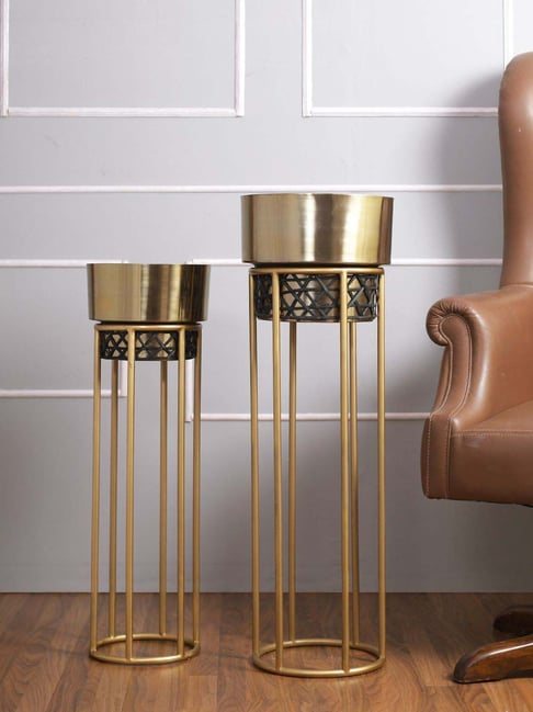 Aapno Rajasthan Golden Metal Planter Pot with Stand - Set of 2