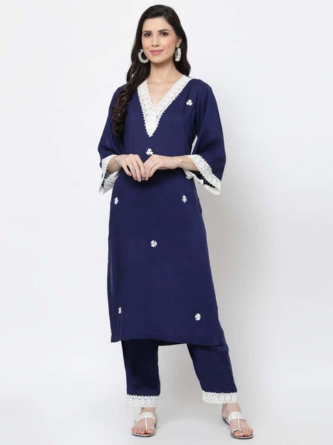 DART STUDIO Navy Embroidered Straight Kurta-picture-14