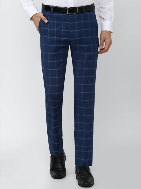 Buy Navy Blue Mid Rise Check Trousers for Men