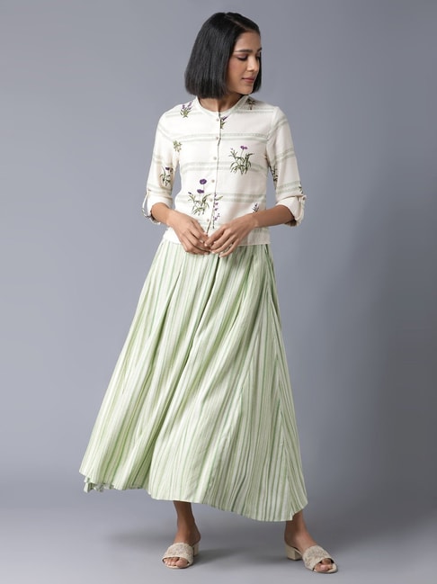 W Off-White & Green Floral Print Top Skirt Set Price in India
