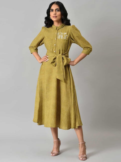 W Mustard Printed A-Line Dress Price in India