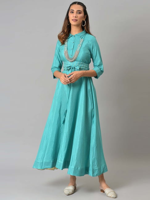 W Teal Blue Polka Dots A-Line Dress Price in India