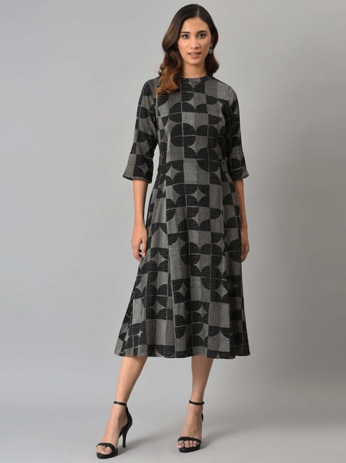 W Black Cotton Printed A-Line Dress Price in India
