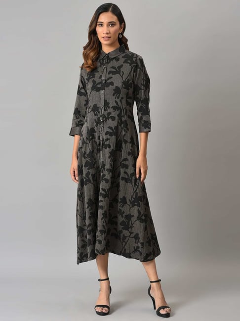 W Black Cotton Floral Print A-Line Dress Price in India