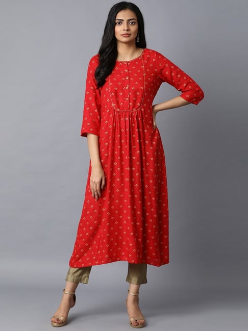 W Red Printed A Line Kurta