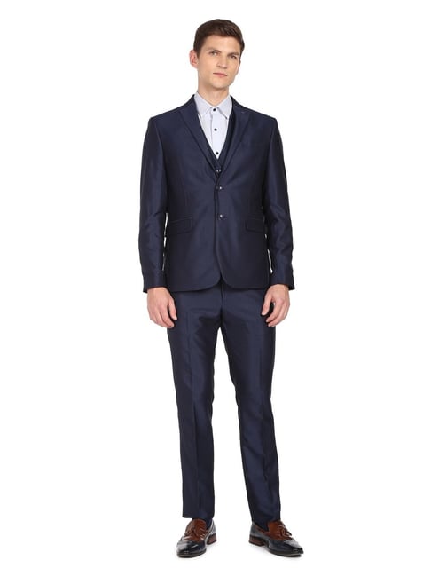 Arrow Dark Blue Regular Fit Self Pattern Three Piece Suit
