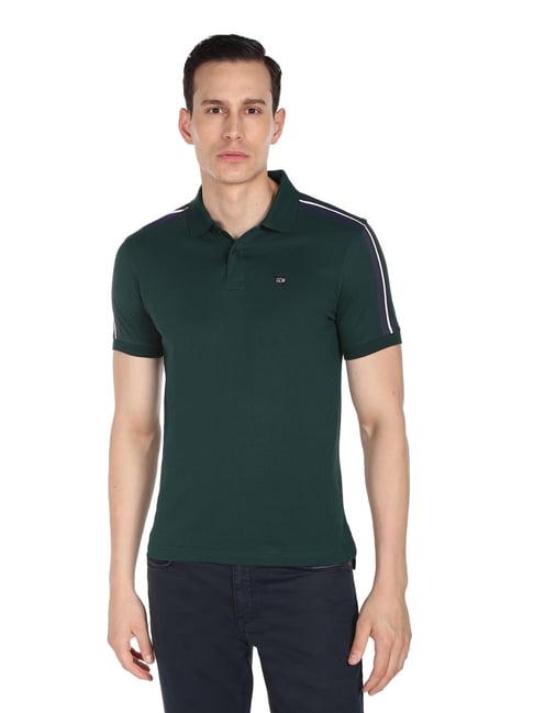 Buy Arrow Sport Dark Green Cotton Regular Fit Striped Polo T-Shirt