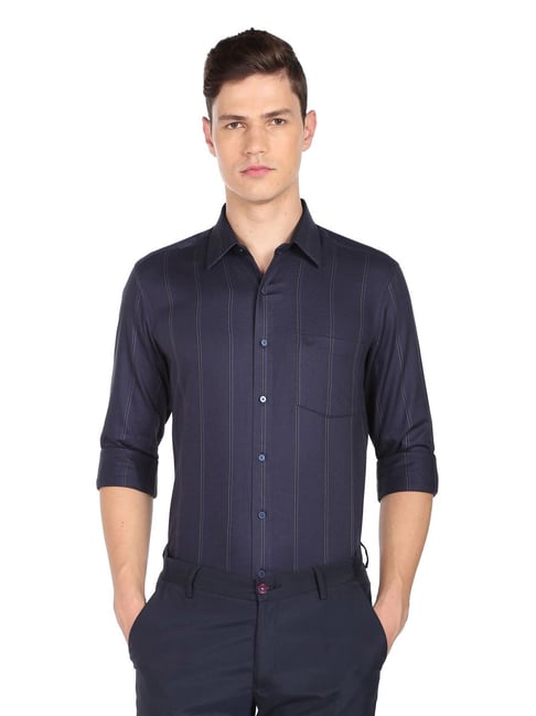 Arrow New York Navy Cotton Slim Fit Striped Shirt