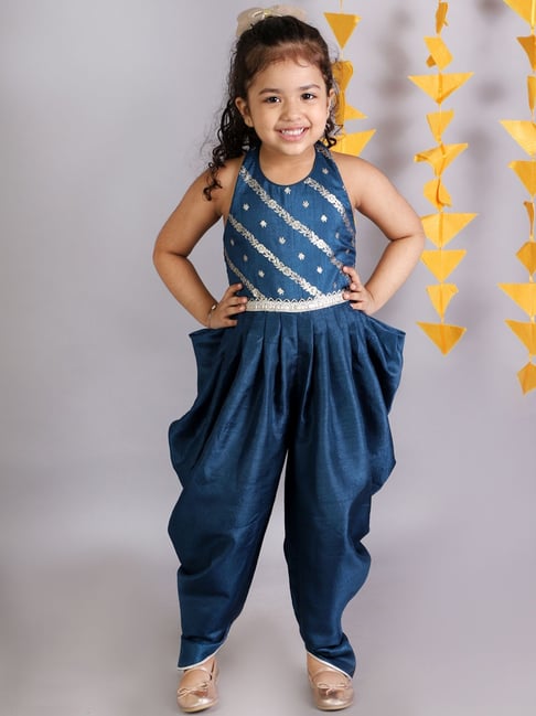 Lil Drama Kids Teal Blue Floral Print Jumpsuit-picture-37