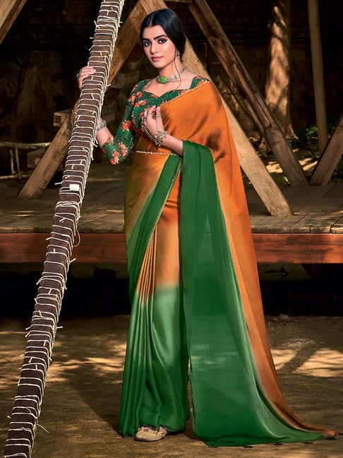 Orange Wedding Saree with Green Blouse|Saree for New Bride