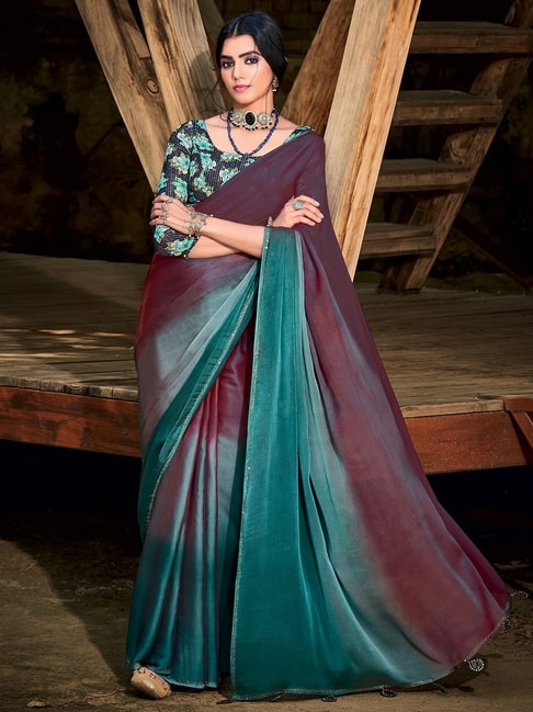 Saree Mall Teal & Maroon Embellished Saree With Blouse Price in India