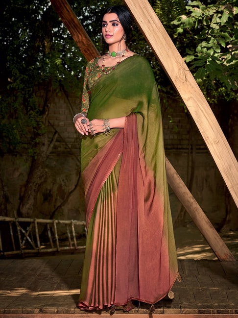 Saree Mall Brown & Green Embellished Saree With Blouse Price in India