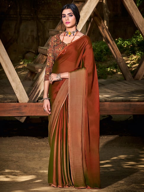 Zari Work With Embroidery Lace Dark Brown Cotton Silk Saree – Stilento