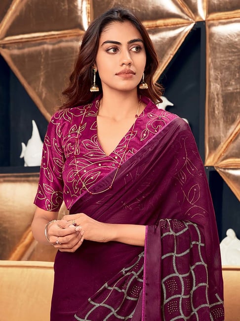 Dark Magenta Color Georgette Ruffled Trendy Saree With Blouse | Lovely  Wedding Mall