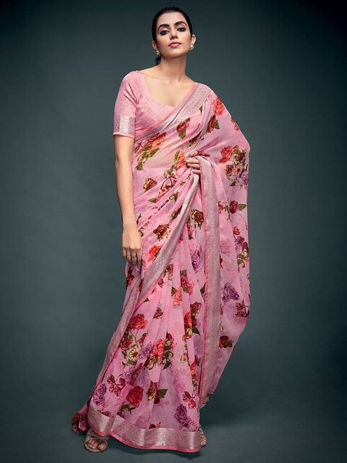 Saree Mall Pink Printed Saree With Blouse Price in India