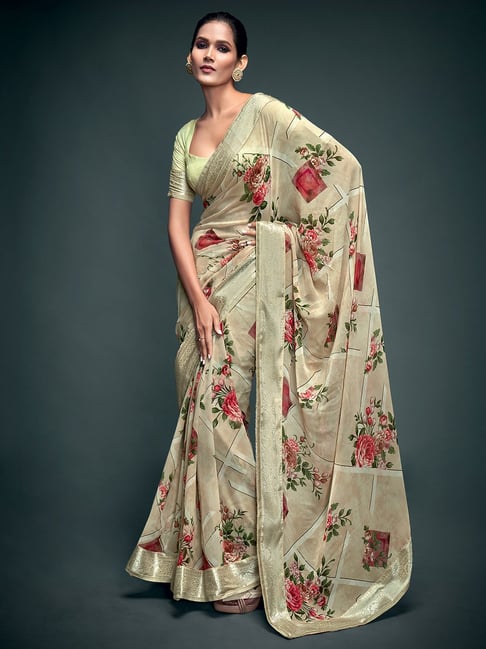Saree Mall Beige Printed Saree With Blouse Price in India