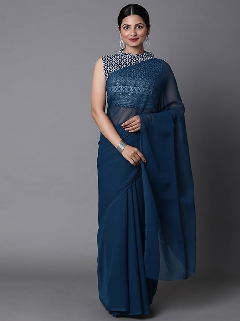 Plain Blue Backless Sarees, With blouse piece at Rs 500/piece in Delhi