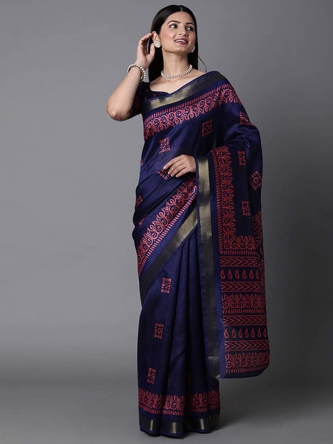 Saree Mall Blue Printed Saree With Blouse Price in India