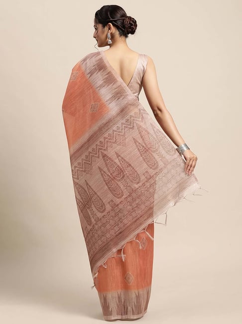 Peach Pink Plain Ready to Wear Silk Saree WITH BLOUSE - WHITE FIRE - 3844616