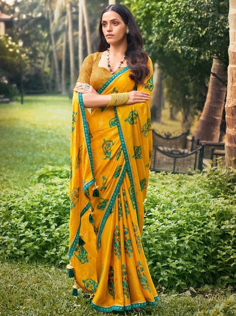 Saree Mall Mustard Embellished Saree With Blouse Price in India