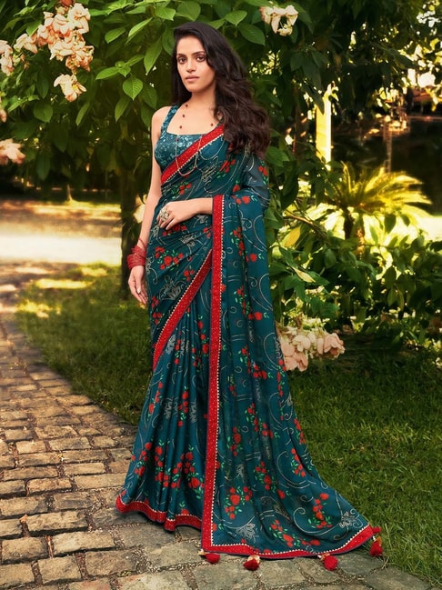 Saree Mall Teal Embellished Saree With Blouse Price in India