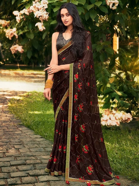 Saree Mall Brown Embellished Saree With Blouse Price in India