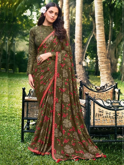 Saree Mall Olive Embellished Saree With Blouse Price in India