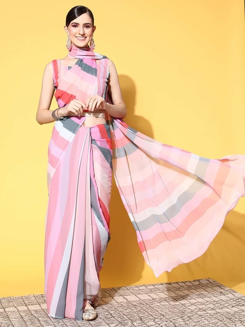 Saree Mall Multicolor Striped Saree With Blouse Price in India