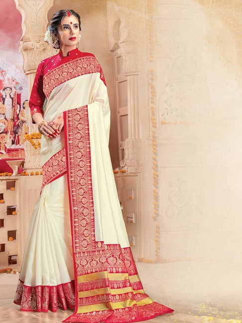 Women's Classy White Color Balaton Silk Saree With Colorful Border – Sadlo