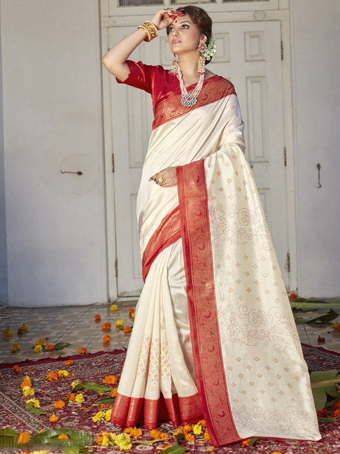 White Saree with Red Blouse -