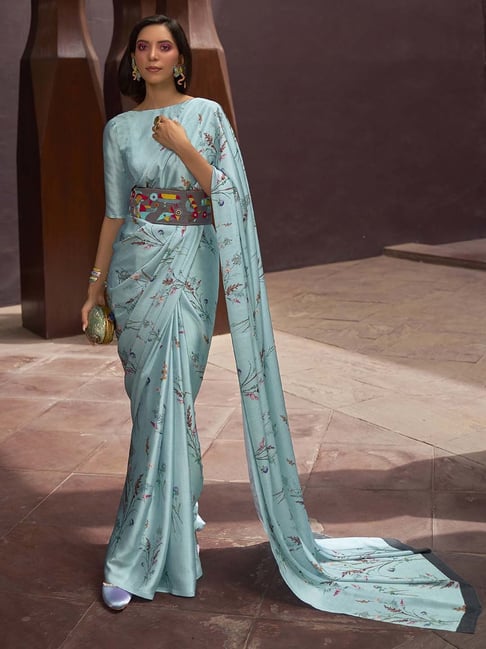 Saree Mall Turquoise Digital Print Saree With Blouse Price in India