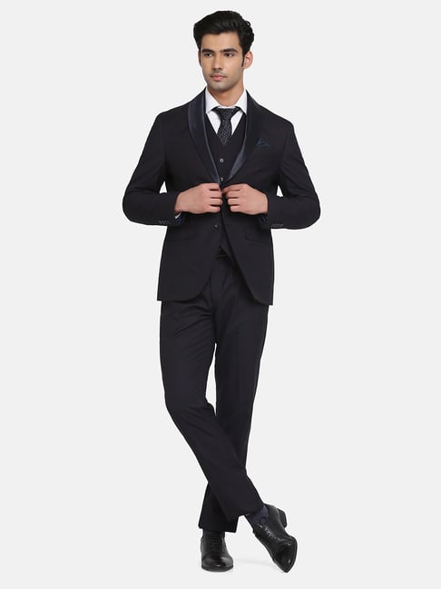 Blackberrys Navy Blue Slim Fit Checks Three Piece Suit