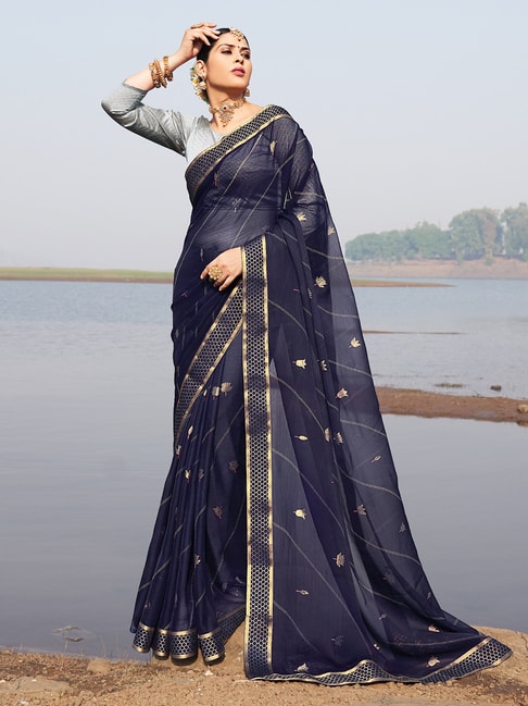 Saree Mall Blue Embellished Saree With Blouse Price in India