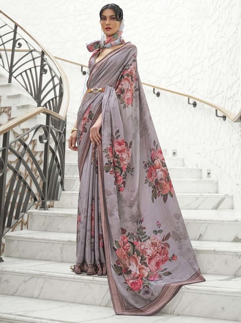 Saree Mall Grey Printed Saree With Blouse Price in India