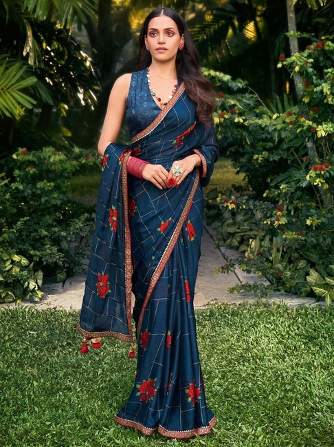 Saree Mall Blue Embellished Saree With Blouse Price in India