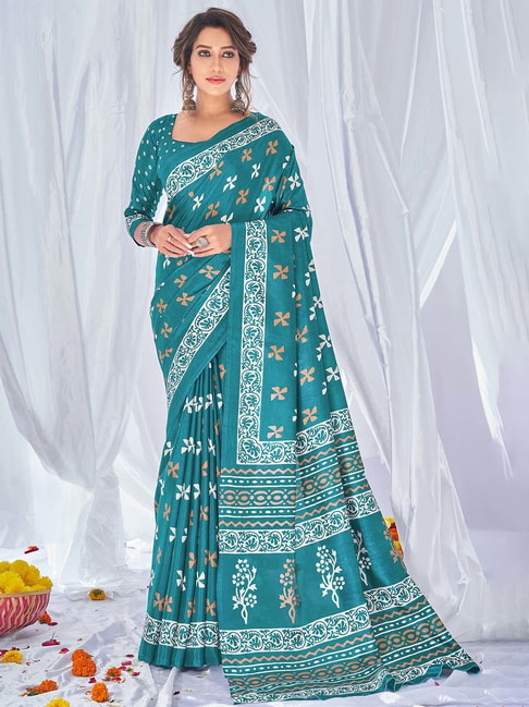 Saree Mall Teal Printed Saree With Blouse Price in India