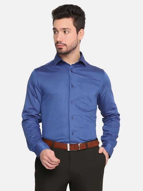 Blackberrys Blue Cotton Slim Fit Texture Shirt