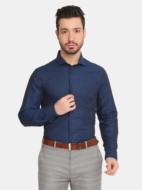 Blackberrys Blue Cotton Slim Fit Printed Shirt