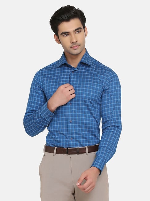 Blackberrys Blue Cotton Slim Fit Checks Shirt