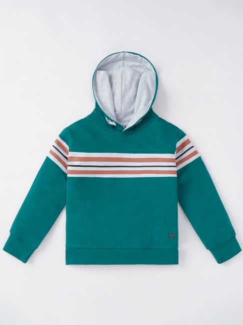 Ed-a-Mamma Kids Green Brown Cotton Striped Full Sleeves Hoodie
