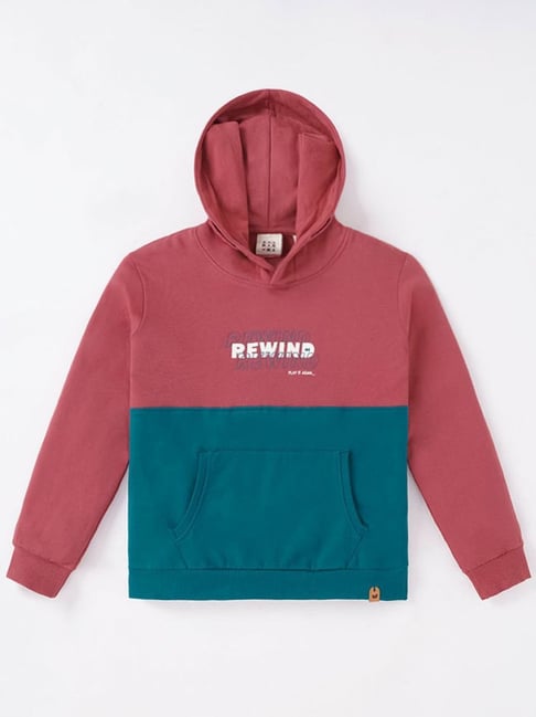 Ed-a-Mamma Kids Red Green Cotton Color Block Full Sleeves Hoodie